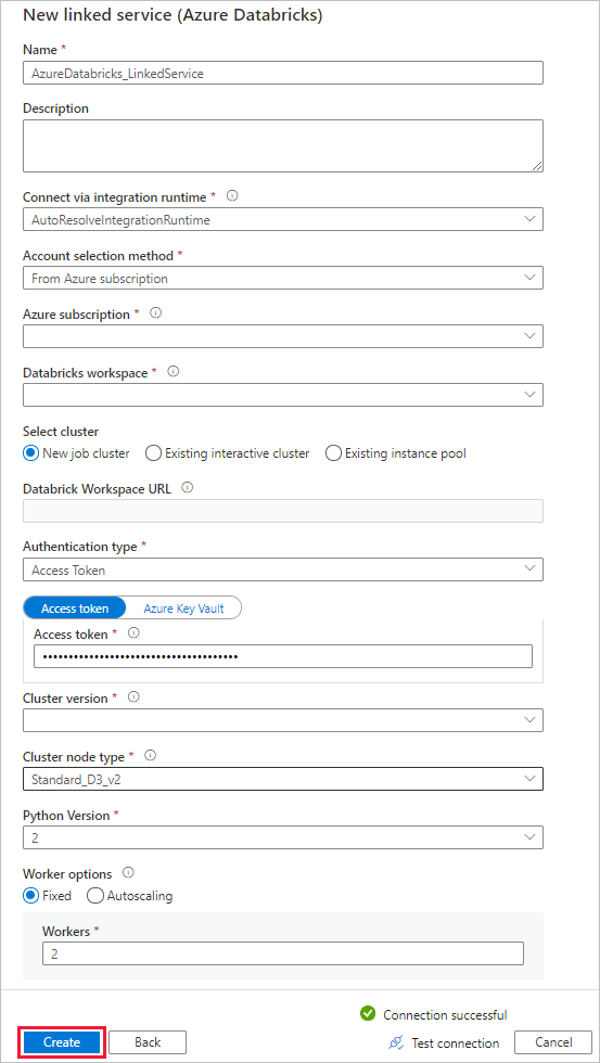 Screenshot que muestra la configuración del nuevo servicio vinculado de Azure Databricks.