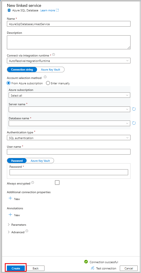 Screenshot que muestra la configuración de un servicio vinculado de Azure SQL Database.