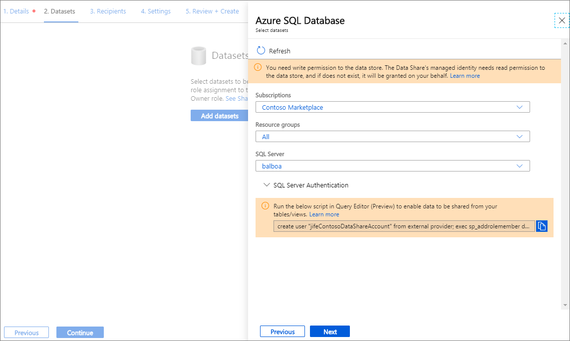 Recorte de pantalla en la que se muestra la ventana Conjunto de datos de Azure SQL&nbsp;Database con un servidor de SQL&nbsp;Server seleccionado.