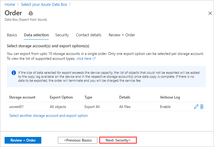Captura de pantalla que muestra los campos de datos en la pestaña Selección de datos de un pedido de exportación de Data Box después de modificar las opciones Cuenta de almacenamiento y Exportación.