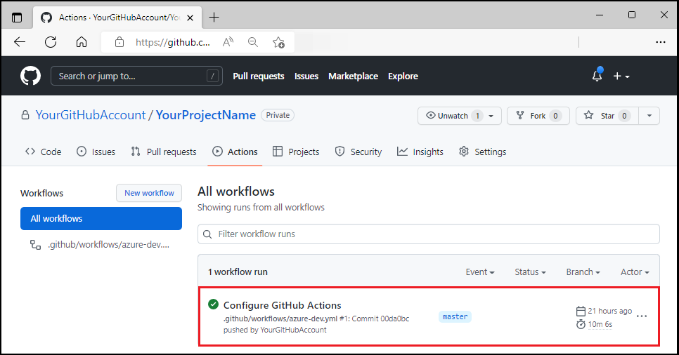 Captura de pantalla del flujo de trabajo de GitHub en ejecución.