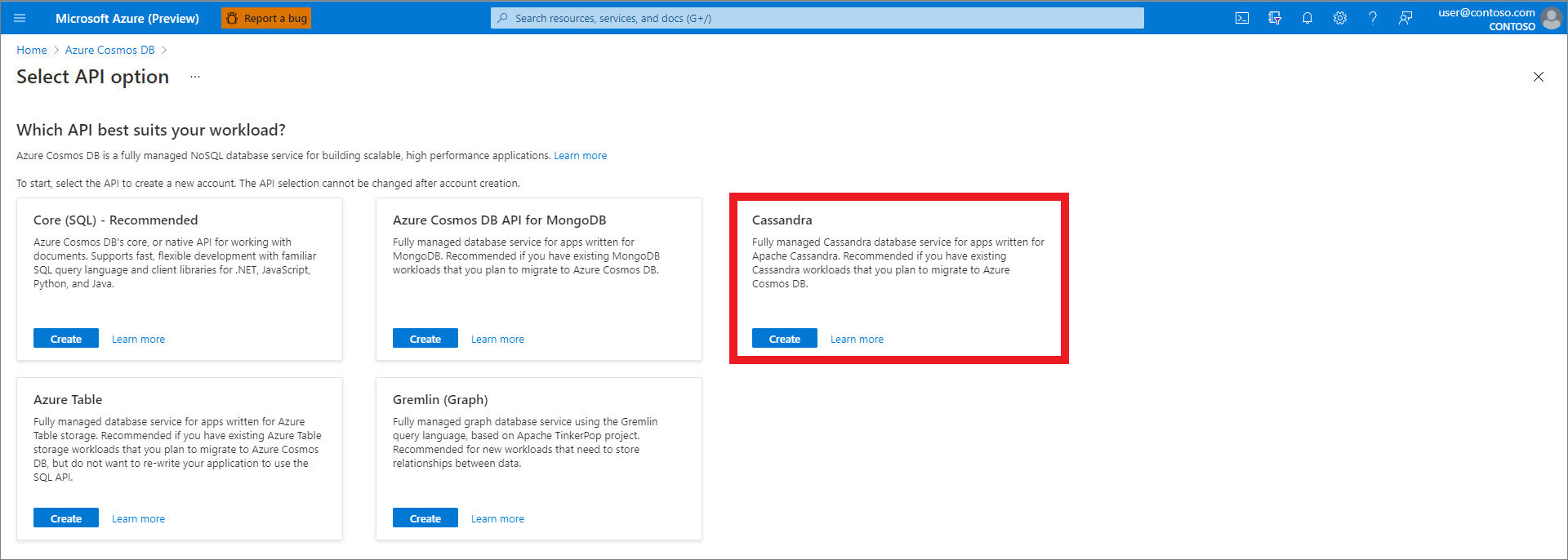 Portal de Azure, cree un recurso, seleccione la opción API y luego Cassandra.
