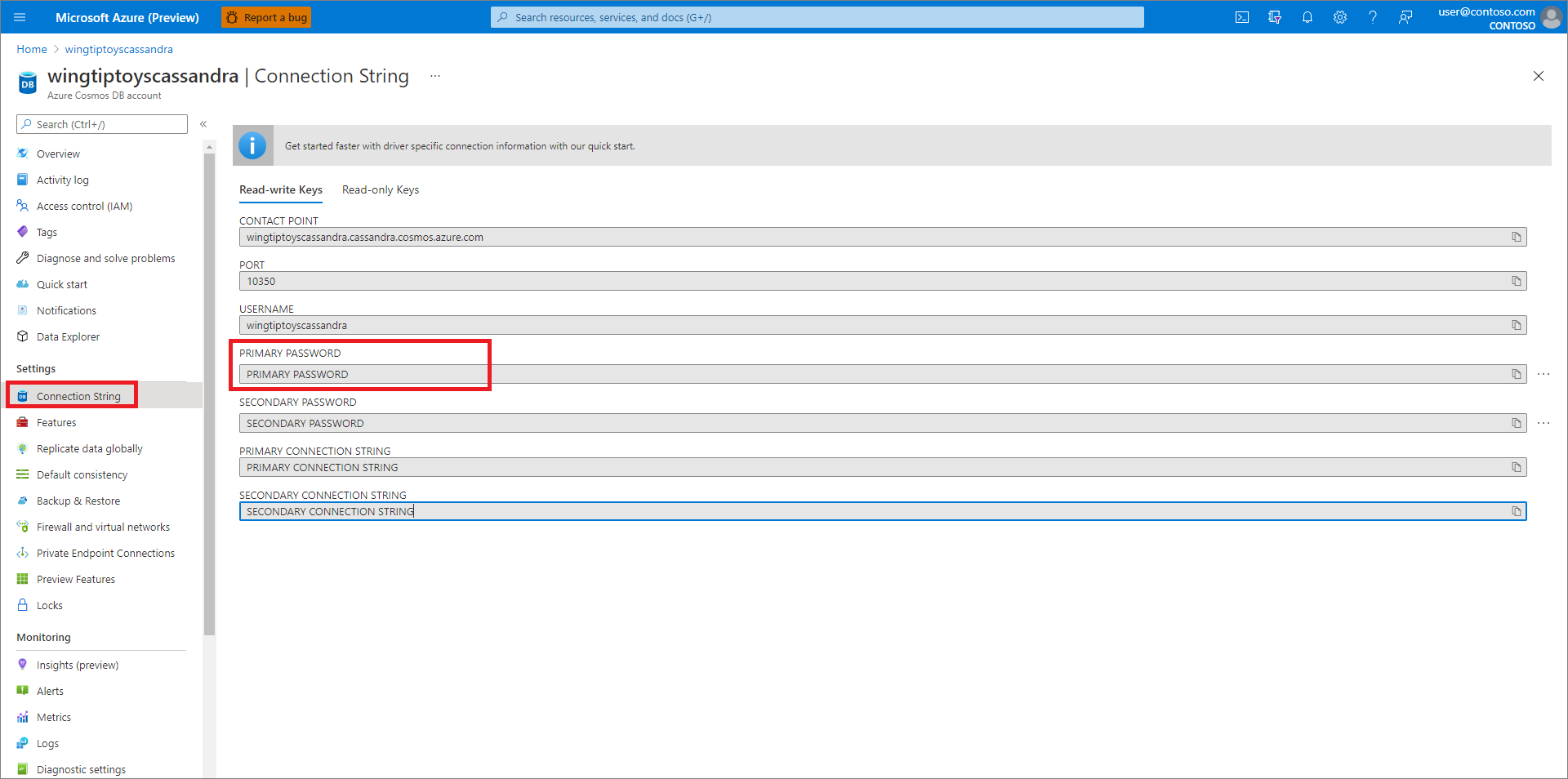 Recuperar la configuración de conexión de Azure Cosmos DB.