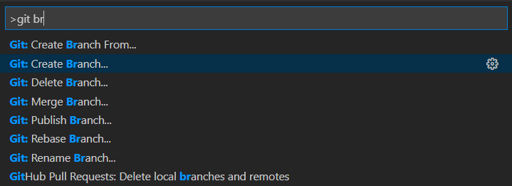 Captura de pantalla de una búsqueda de la rama de Git y seleccione Crear rama de Git.