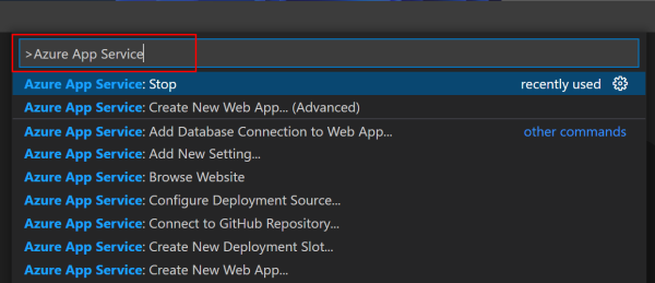 Una captura de pantalla de la paleta de comandos de Visual Studio Code destinada al App Service.