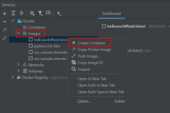Captura de pantalla que muestra cómo iniciar el contenedor desde la imagen de Docker en PyCharm.