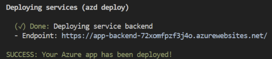 Captura de pantalla que muestra la URL del punto de conexión para la aplicación implementada tal como se informa después de completar el proceso 'azd up'.