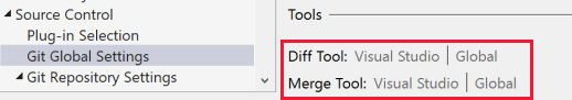 Captura de pantalla que muestra la configuración de la herramienta de comparación y fusión en el cuadro de diálogo Opciones de Visual Studio.