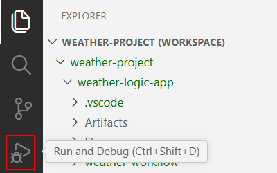 La captura de pantalla muestra la barra de actividad de Visual Studio Code con Ejecutar y Depurar seleccionados.
