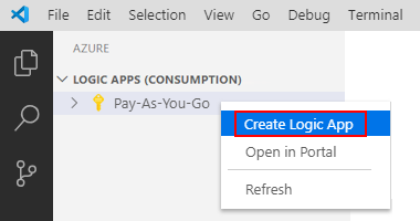 Captura de pantalla que muestra el menú contextual de la suscripción y la opción Crear Logic App.
