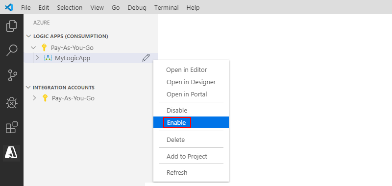 Captura de pantalla que muestra Visual Studio Code y cómo habilitar un recurso de aplicación lógica.
