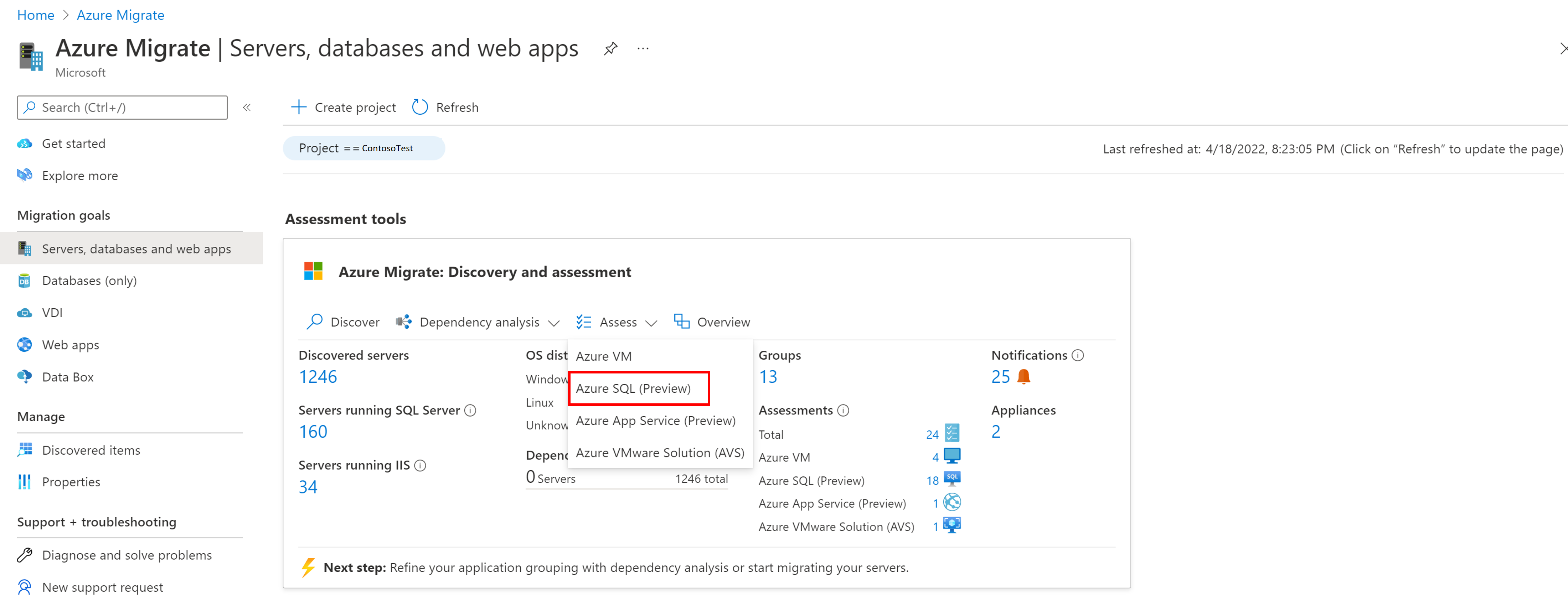 Captura de pantalla de la lista desplegable en la que se puede elegir el tipo de evaluación Azure&nbsp;SQL.