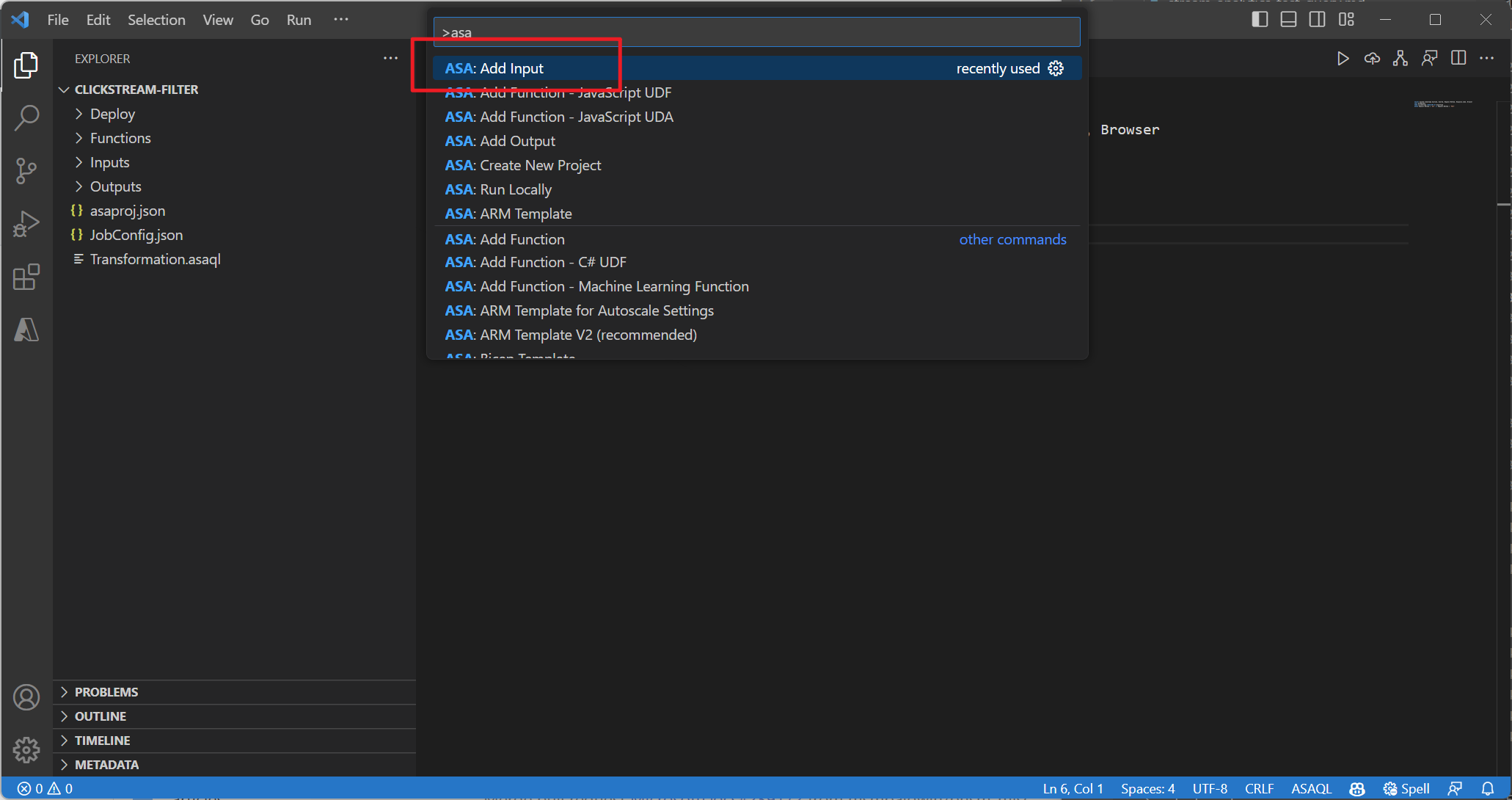 Captura de pantalla de la extensión VS Code agregando entrada a través de la paleta de comandos.