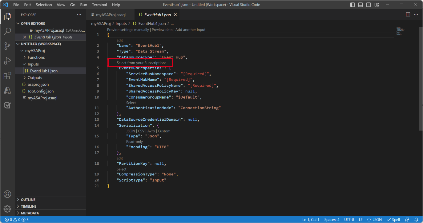 Captura de pantalla de la extensión VS Code que muestra los archivos json de entrada.