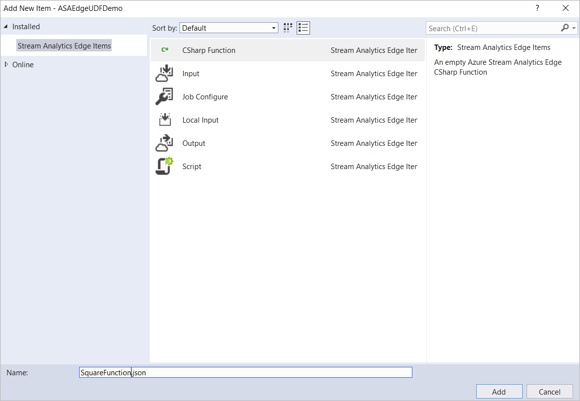 Selección de la función CSharp en elementos perimetrales de Stream Analytics en Visual Studio