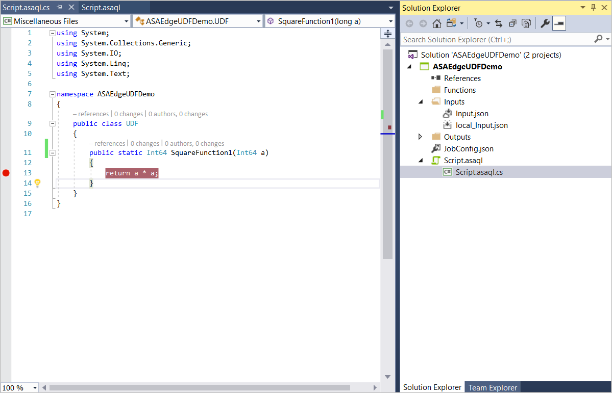 Adición de puntos de interrupción a la función definida por el usuario de Stream Analytics en Visual Studio