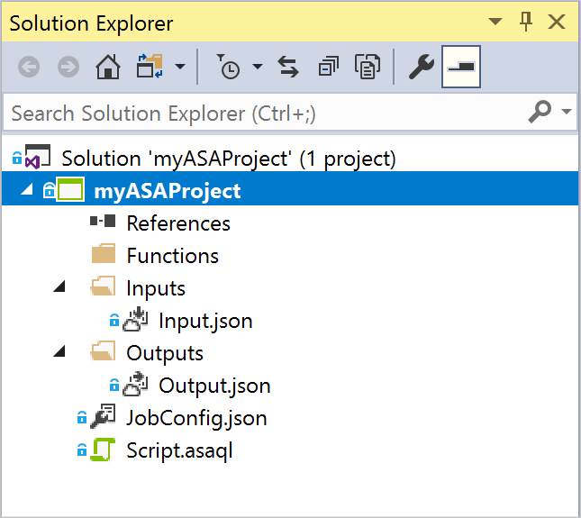 Captura de pantalla que muestra la ventana explorador de soluciones para un proyecto de aplicación de Stream Analytics de ejemplo en Visual Studio.