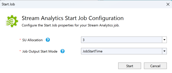 Captura de pantalla que muestra el cuadro de diálogo Iniciar trabajo de Stream Analytics.