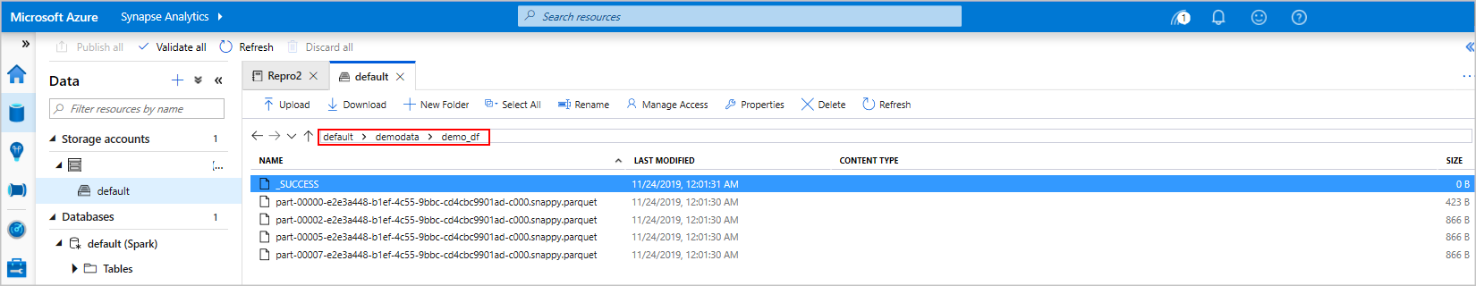 Captura de pantalla que resalta la ruta de acceso default > demodata > demo_df.