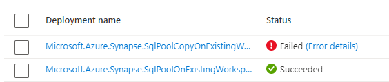 Captura de pantalla del cuadro de diálogo de implementaciones de grupo de recursos que muestra una excepción de tiempo de espera.