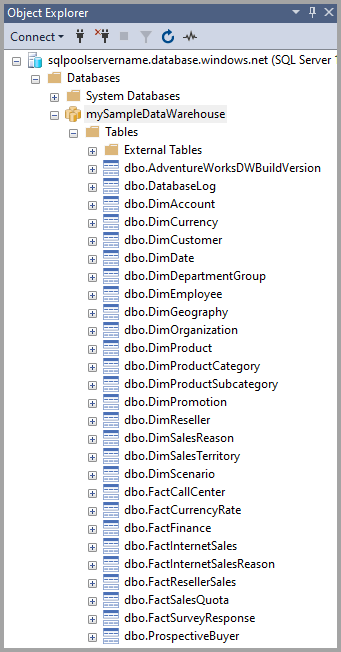 Captura de pantalla del Explorador de objetos de SQL&nbsp;Server Management Studio en la que se muestran objetos de base de datos.