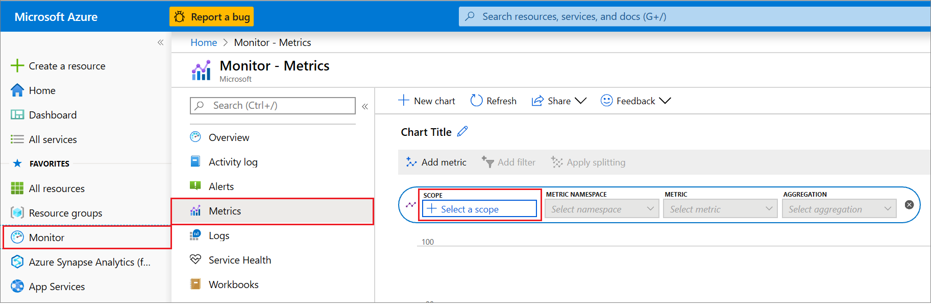 Captura de pantalla que muestra Seleccionar un ámbito seleccionado en Métricas en Azure Portal.