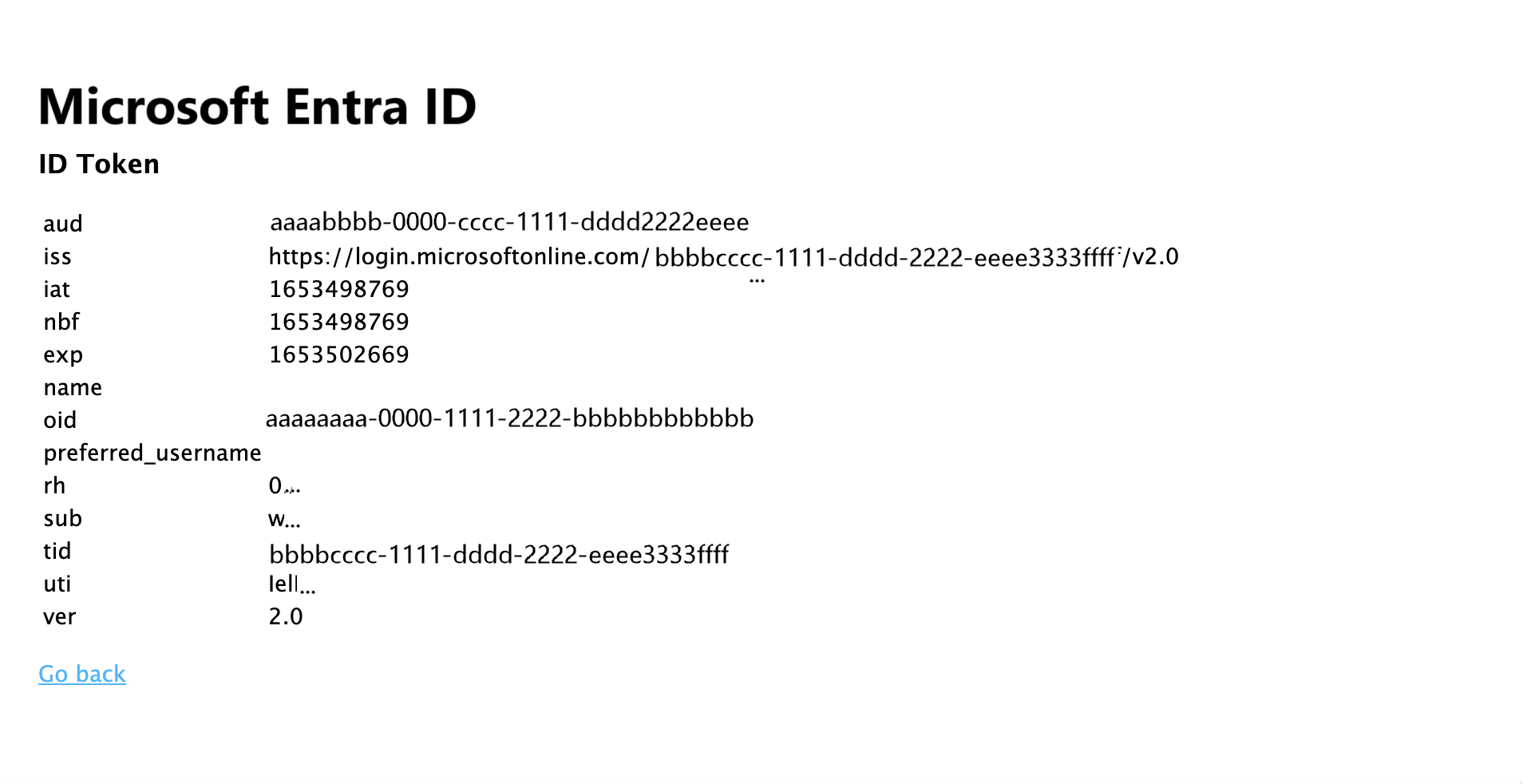 Visualización de la pantalla del token del Id. de usuario