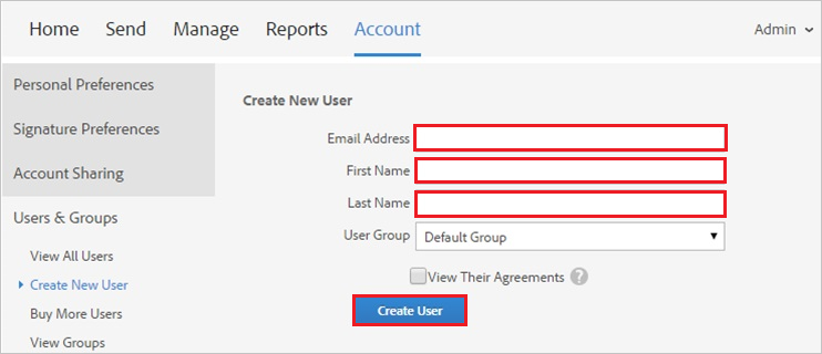Captura de pantalla de la sección Create New User (Crear nuevo usuario)