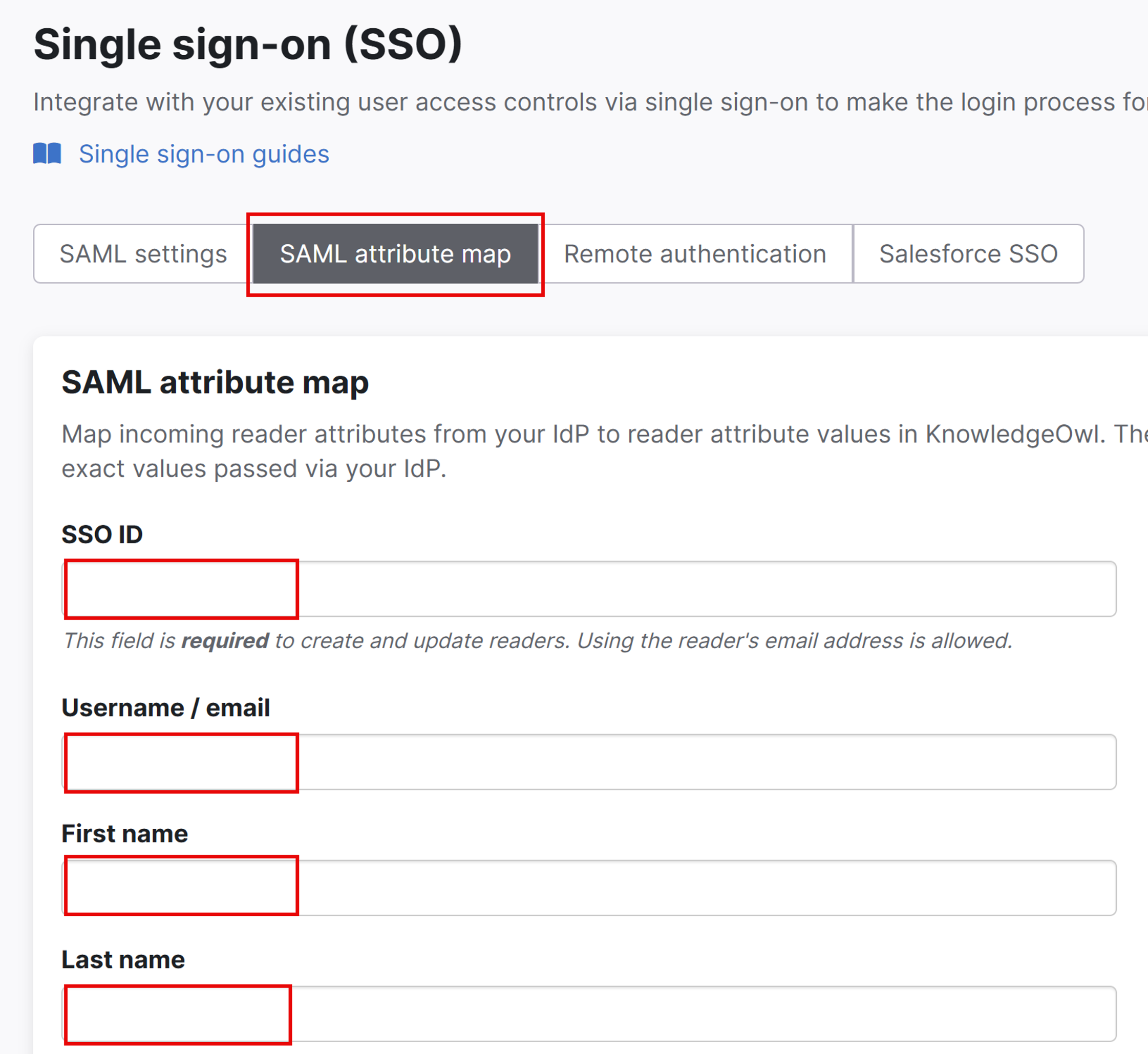 Captura de pantalla que muestra la opción Map SAML Attributes (Asignar atributos de SAML) donde puede realizar los cambios que se indican aquí.