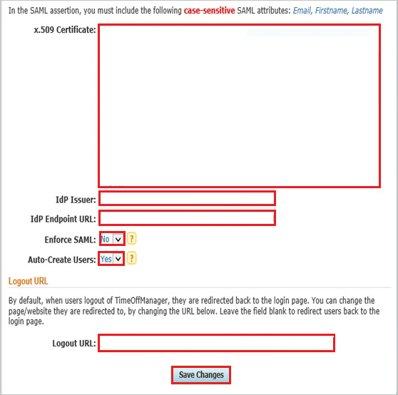 Captura de pantalla que muestra la sección Configuración de Sign-On única, donde puede especificar los valores descritos.