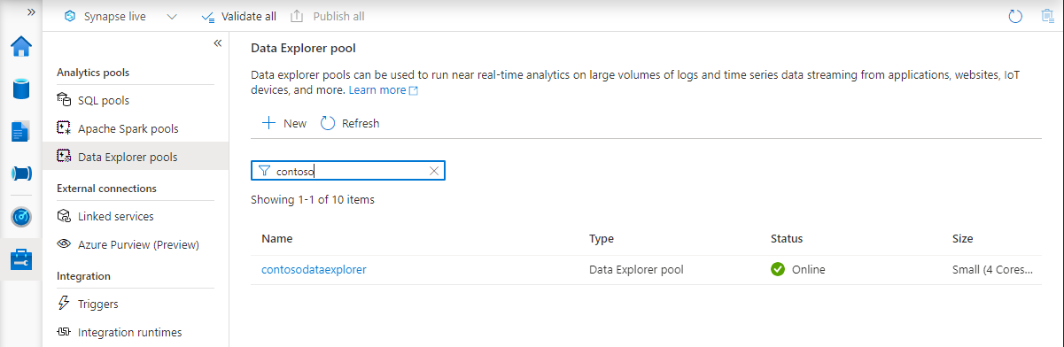 Lista de nuevos grupos de Data Explorer de Synapse Studio