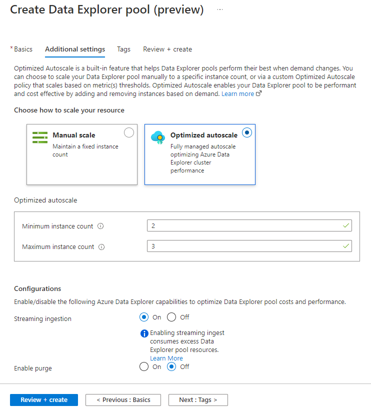 Habilite la ingesta de streaming al crear un grupo de Data Explorer en Azure Synapse Data Explorer.