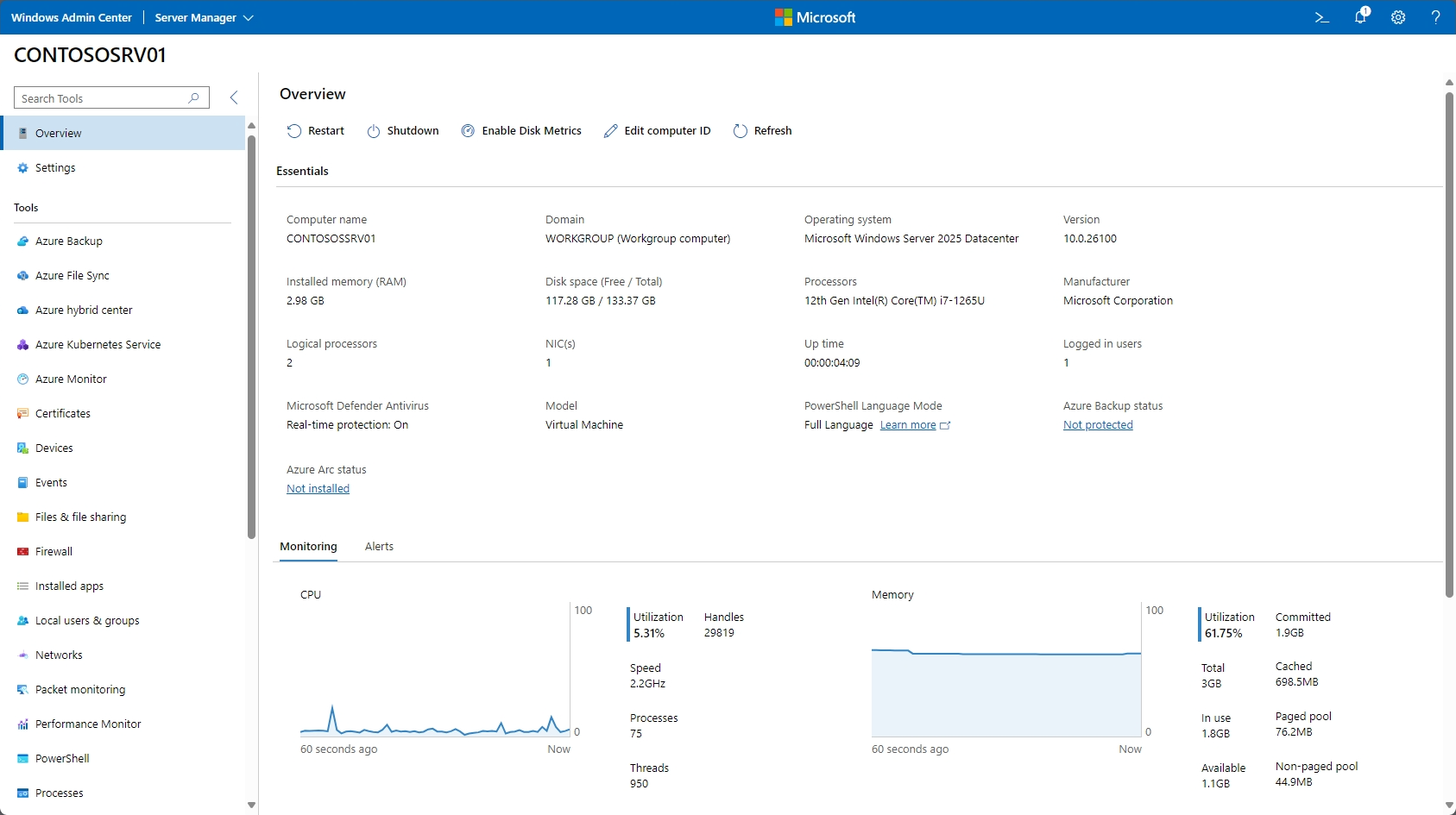 Captura de pantalla que muestra el panel de administración de Windows Admin Center.