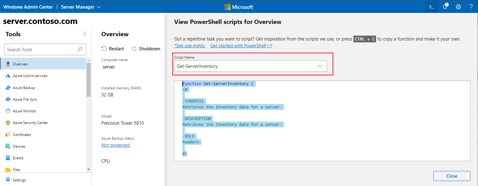 Captura de pantalla de la página para ver scripts de PowerShell para obtener información general.
