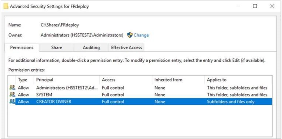 Captura de pantalla de la página de permisos avanzados que muestra la configuración de permisos para la configuración del servidor colocado.