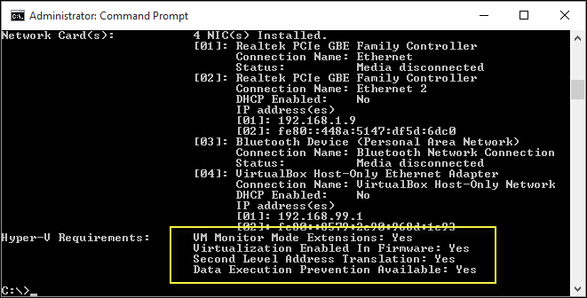Captura de pantalla de la pantalla del símbolo del sistema de administrador con un enfoque en la salida de la sección Requisitos de Hyper V.
