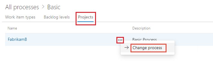 Screenshot of highlighted Change process selection.