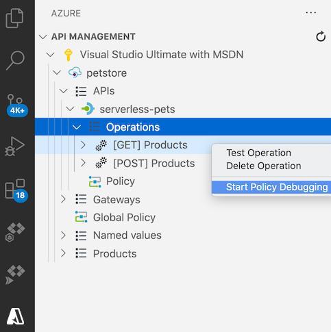 Capture d’écran lors du lancement d'une session de débogage de stratégie dans Visual Studio Code.
