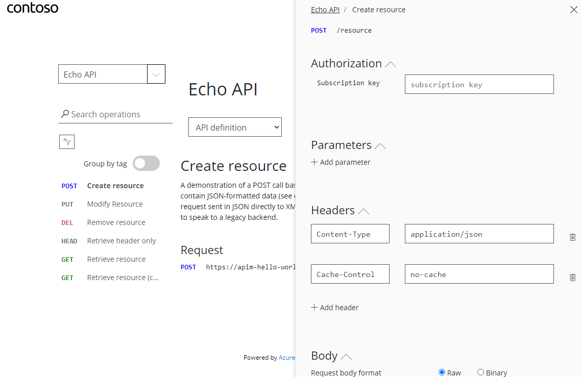 Capture d’écran de la console de test dans le portail des développeurs Gestion des API.