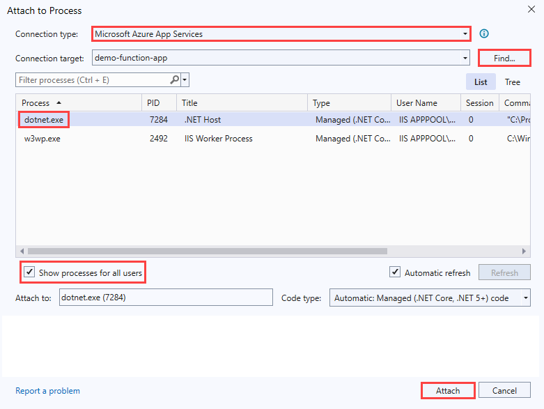 Capture d’écran de la boîte de dialogue Attacher au processus. Le type de connexion est Microsoft Azure App Services. Dans la table de processus, dotnet.exe est sélectionnée.