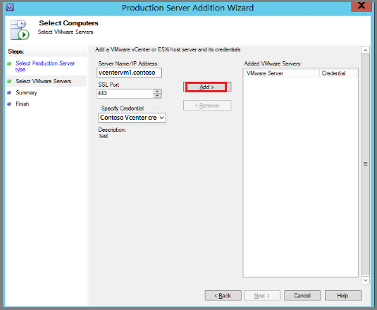 Capture d’écran montrant comment ajouter le serveur VMware et les informations d’identification.