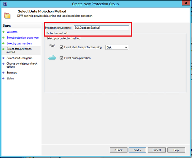Capture d’écran montrant la méthode de protection des données - disque à court terme & Online Azure.