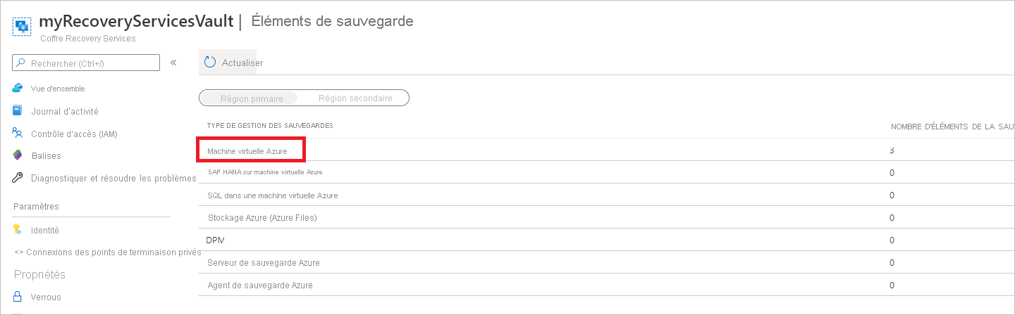 Capture d’écran montrant la liste des types de gestion de sauvegarde.