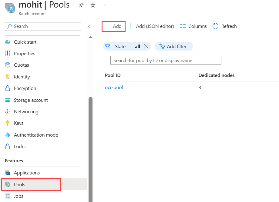 Capture d’écran de la page Pools d’un compte Batch qui met en surbrillance le bouton Ajouter.