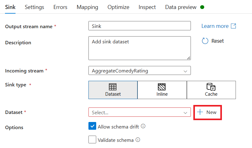 Capture d’écran montrant où vous pouvez nommer votre puits et créer un jeu de données de puits.