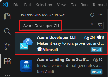 Capture d’écran de Visual Studio Code, montrant le volet Extensions avec l’extension Azure Developer CLI et Install mis en surbrillance.