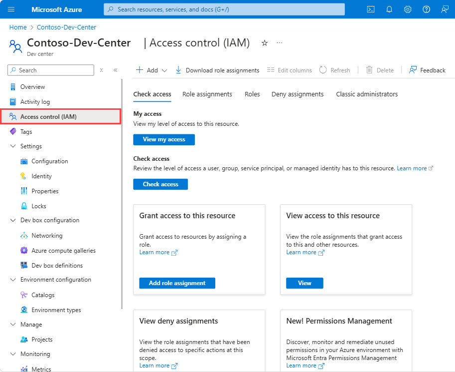 Capture d’écran montrant la page Contrôle d’accès (IAM) pour un centre de développement.