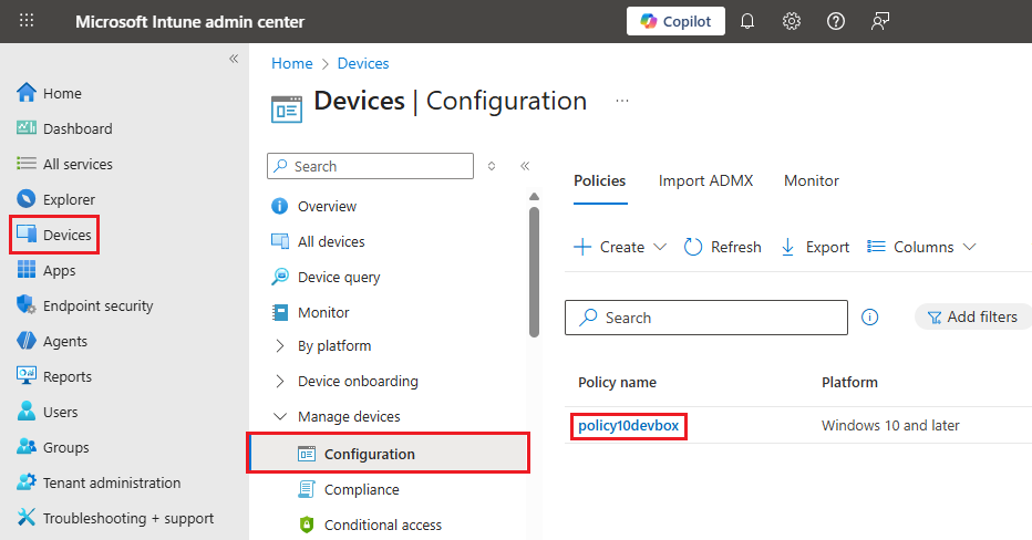 Capture d’écran montrant le Centre d’administration Microsoft Intune avec le volet Appareils et la configuration de l’appareil mis en surbrillance.