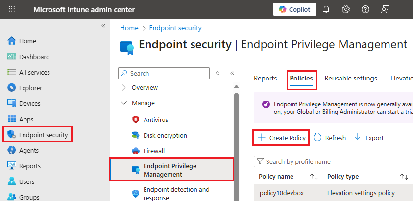 Capture d’écran montrant le Centre d’administration Microsoft Intune, montrant le volet Endpoint Privilege Management.