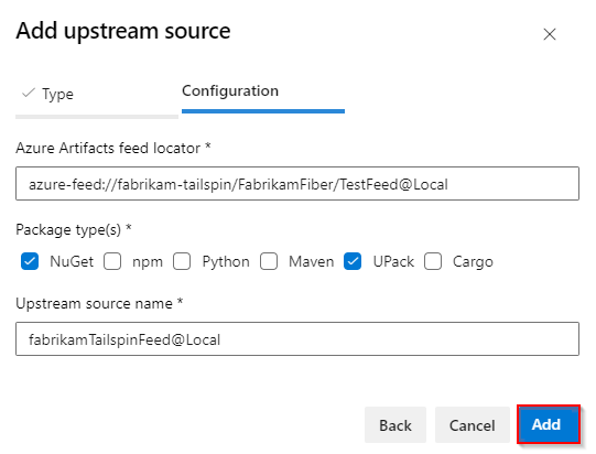 Capture d’écran montrant comment ajouter un flux d’une autre organisation en tant que source en amont.